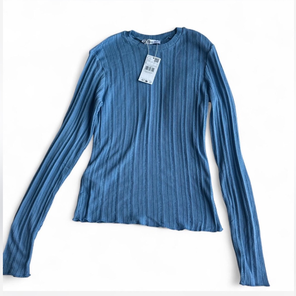 Blue Ribbed Long Sleeve Top